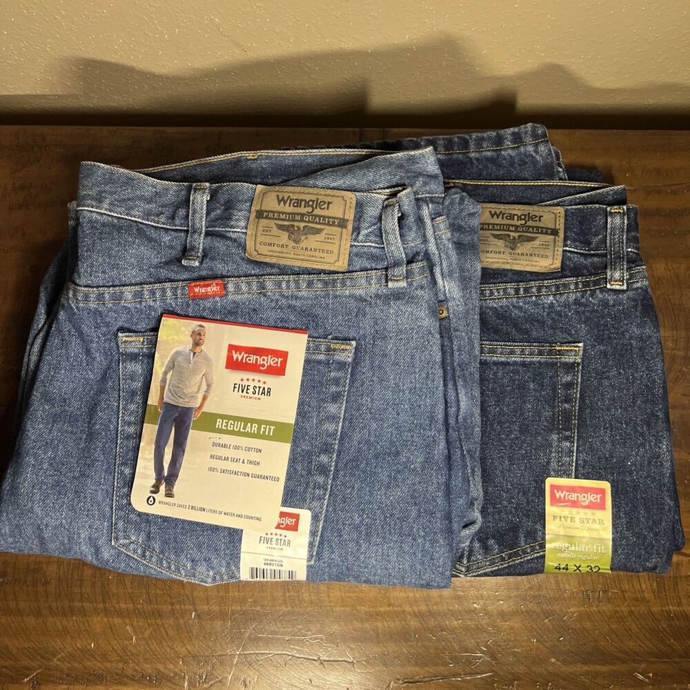 Lot of 2 NWT Wrangler 5 Star Regular Fit Jeans Men's 44x32 Premium Denim NEW